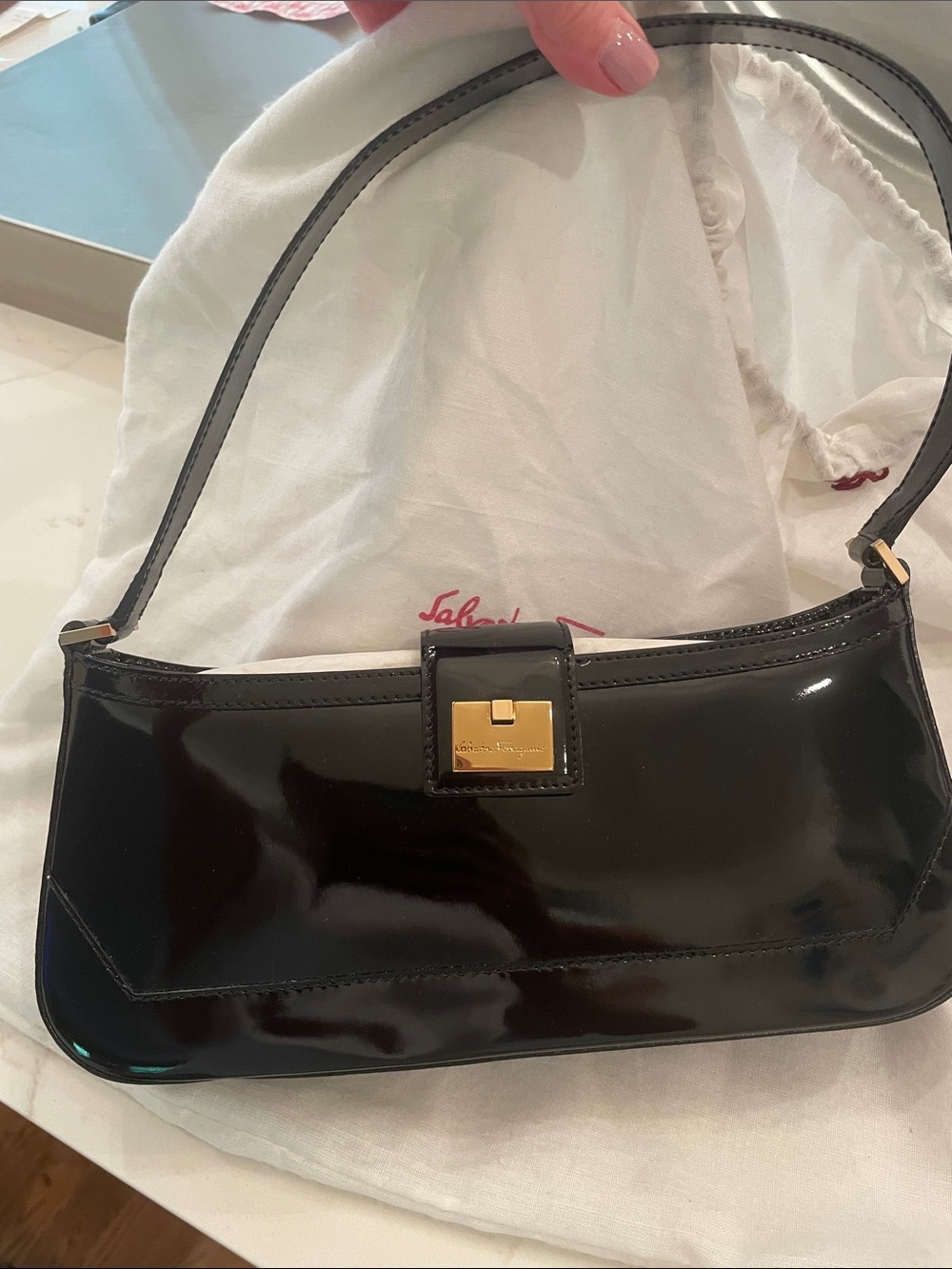 Salvatore Ferragamo NEW black patent shoulder bag